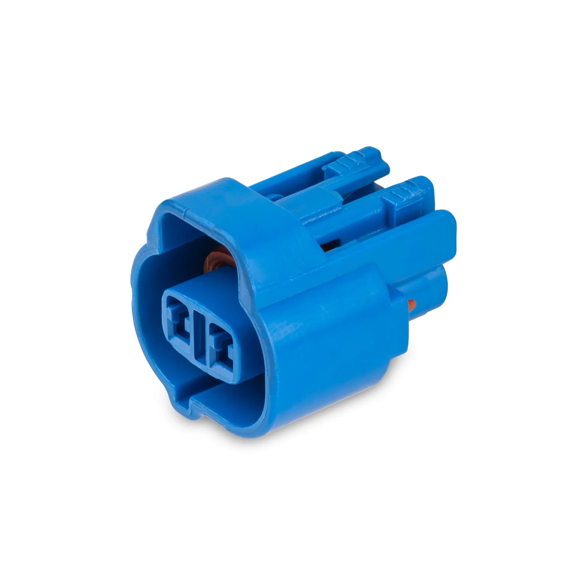 Blue sealed automotive connector, white-background catalogue photograph