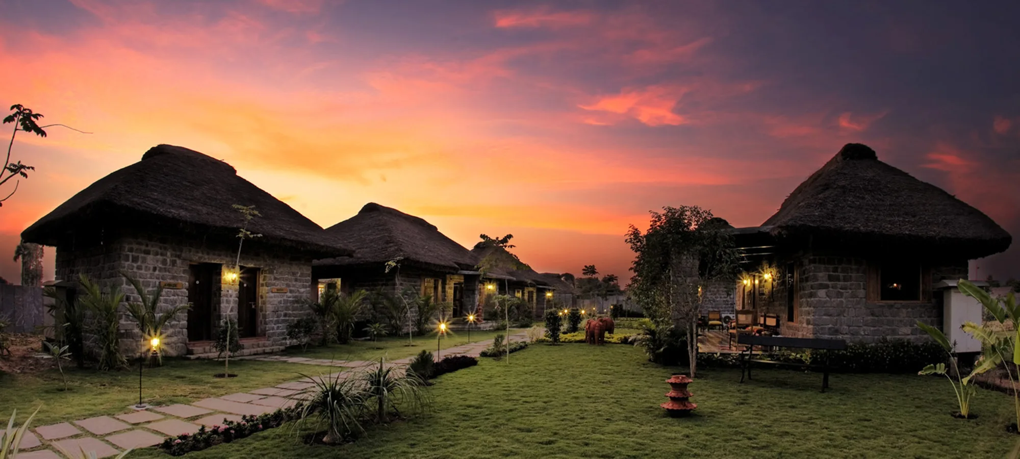 Resort cottages at sunset