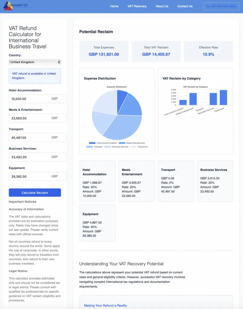 VAT Reclaim Calculator by Coromandel SAS. Use it for free to find out how much of your expenses you could potentially get back!