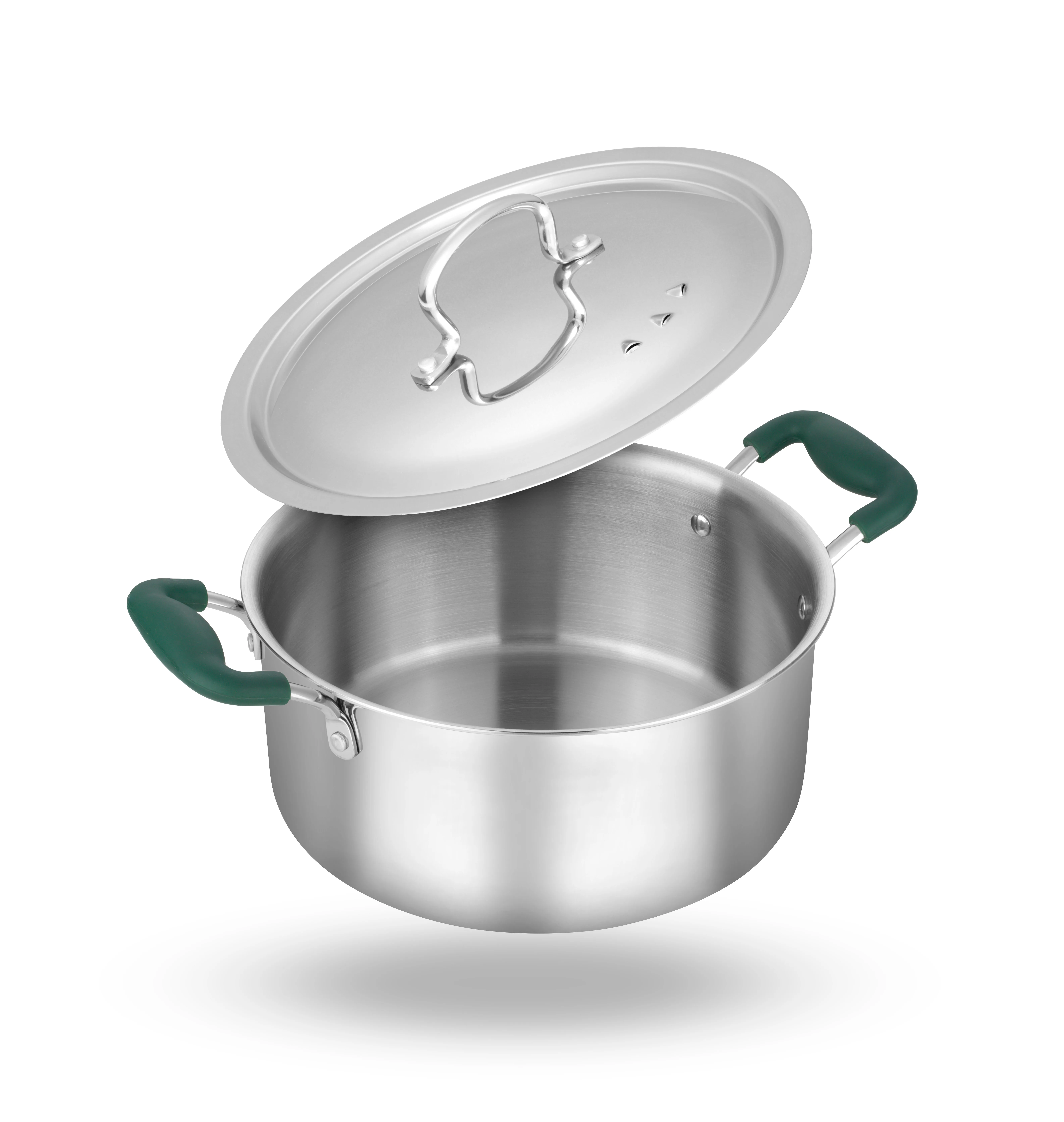Zira triply stainless steel casserole with green handles and a hovering lid, white-background listing photograph