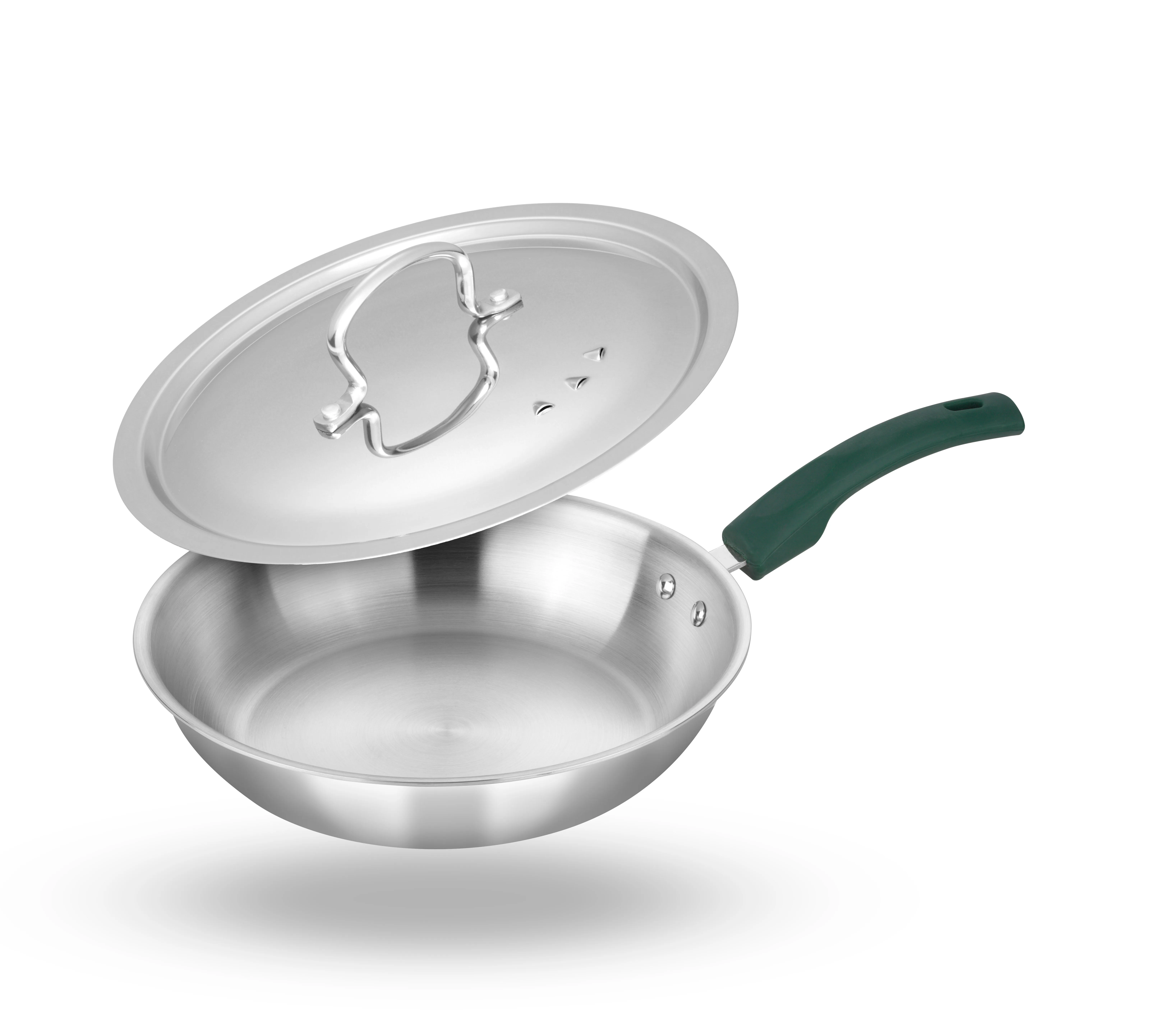 Zira triply frypan with green handle and hovering lid on a white background