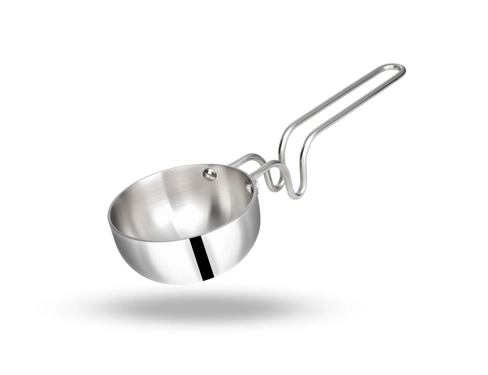 Zira triply tadka pan with steel wire handle, white-background product photograph