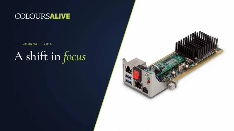 A shift in focus, beside a studio photograph of a circuit board's connector ports, on white