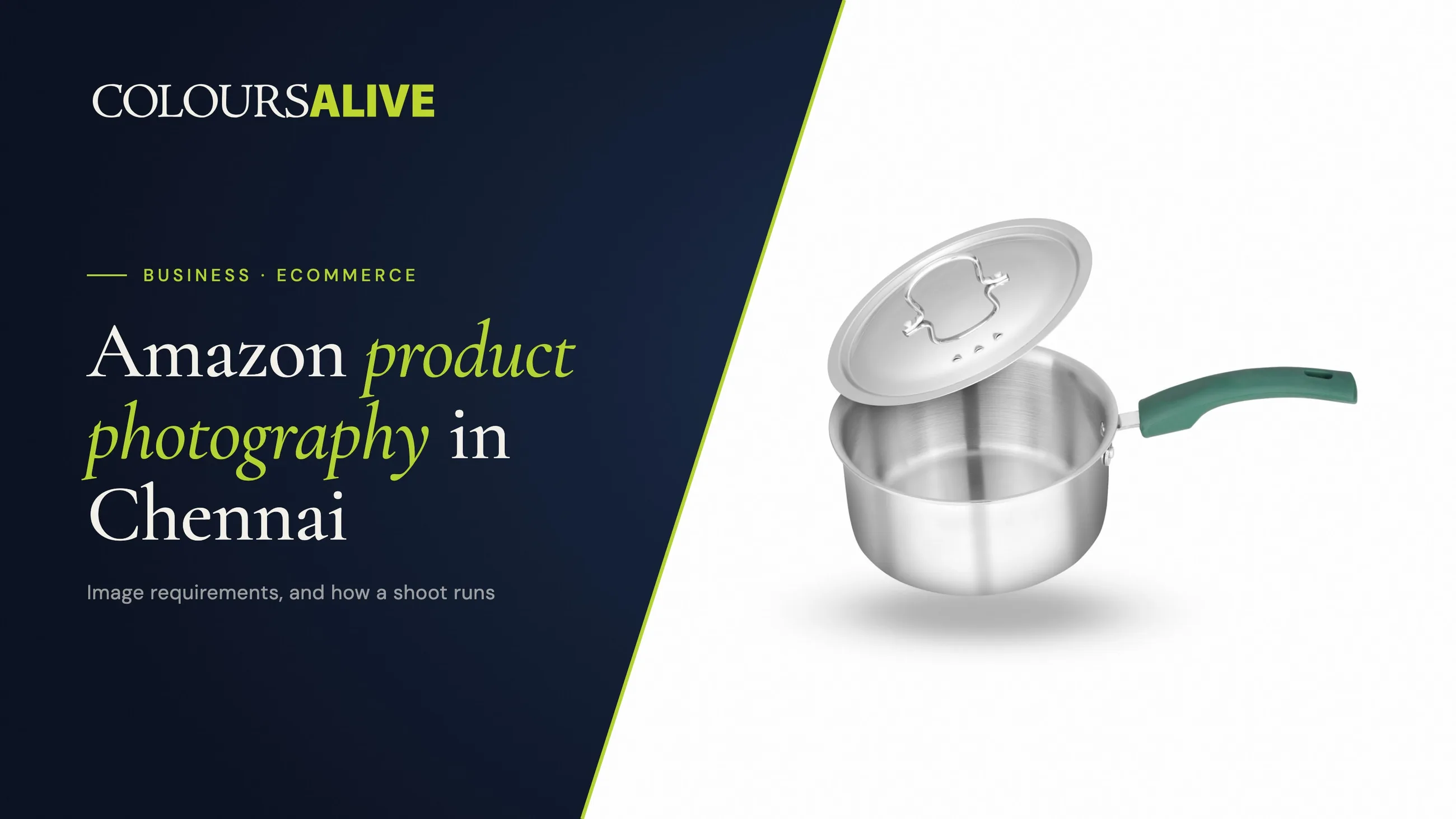 Amazon product photography in Chennai, beside a studio photograph of a tri-ply steel saucepan with its lid raised, on a white background