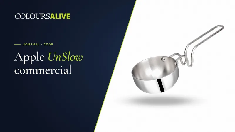 Apple UnSlow commercial, beside a studio photograph of a Zira tri-ply steel tadka pan on white