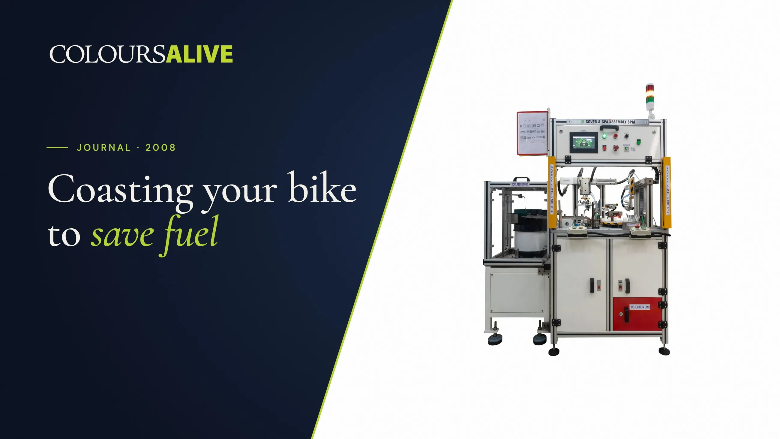 Coasting your bike to save fuel, beside a studio photograph of a Besmak automated assembly machine on white