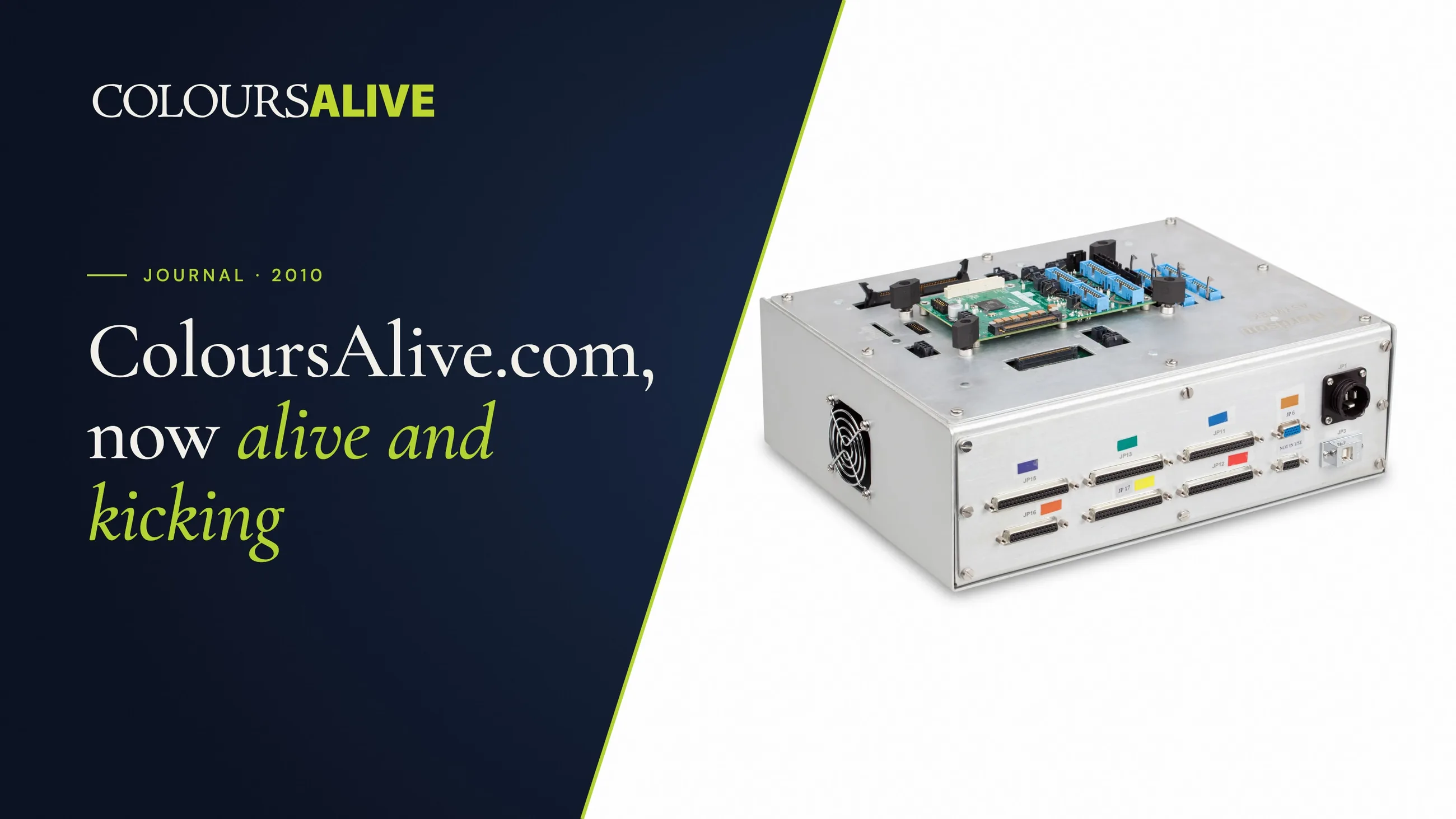 ColoursAlive.com, now alive and kicking, beside a studio photograph of an electronics enclosure's port panel, on white