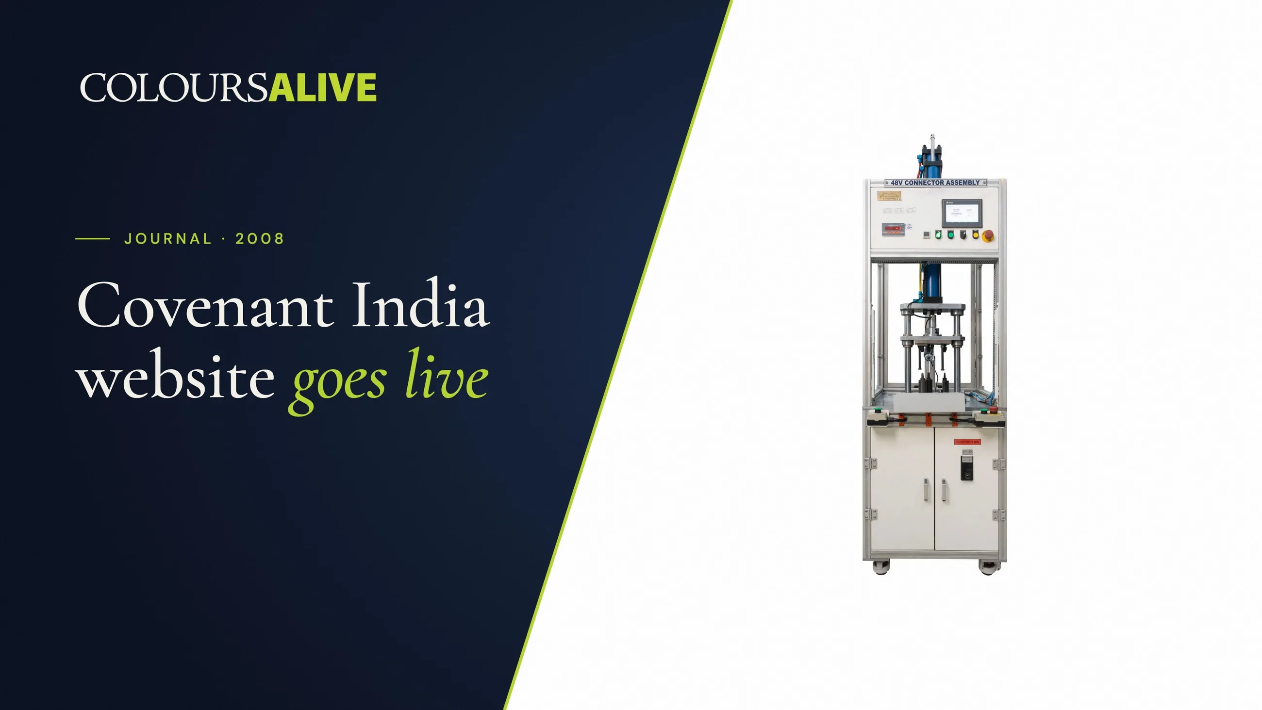 Covenant India website goes live, beside a studio photograph of a Besmak connector assembly machine on white