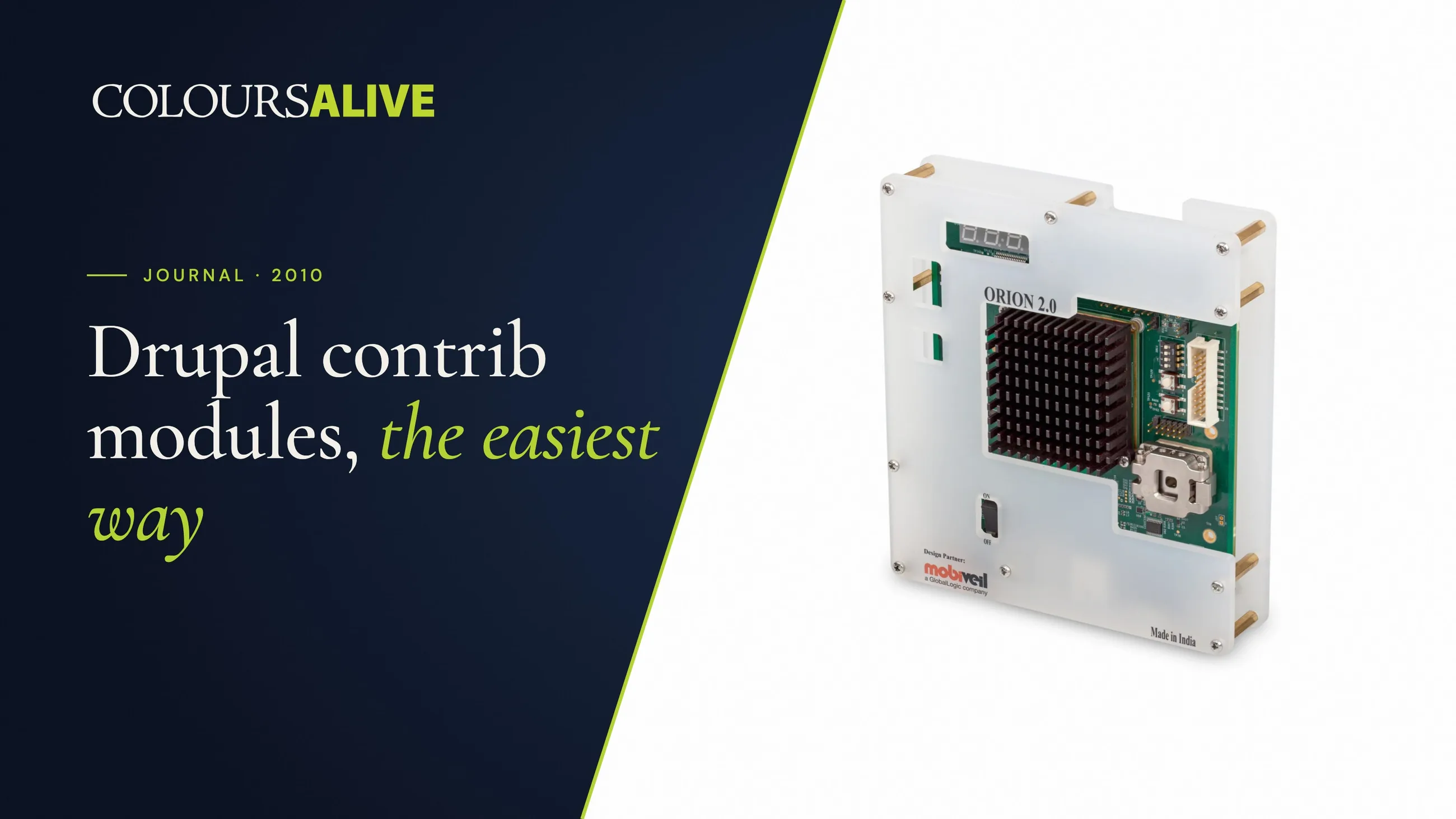 Drupal contrib modules, the easiest way, beside a studio photograph of a circuit board with a heatsink, on white