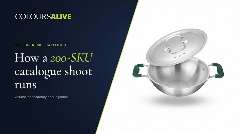 How a 200-SKU catalogue shoot runs, beside a studio photograph of a tri-ply steel kadai with its lid raised, on a white background
