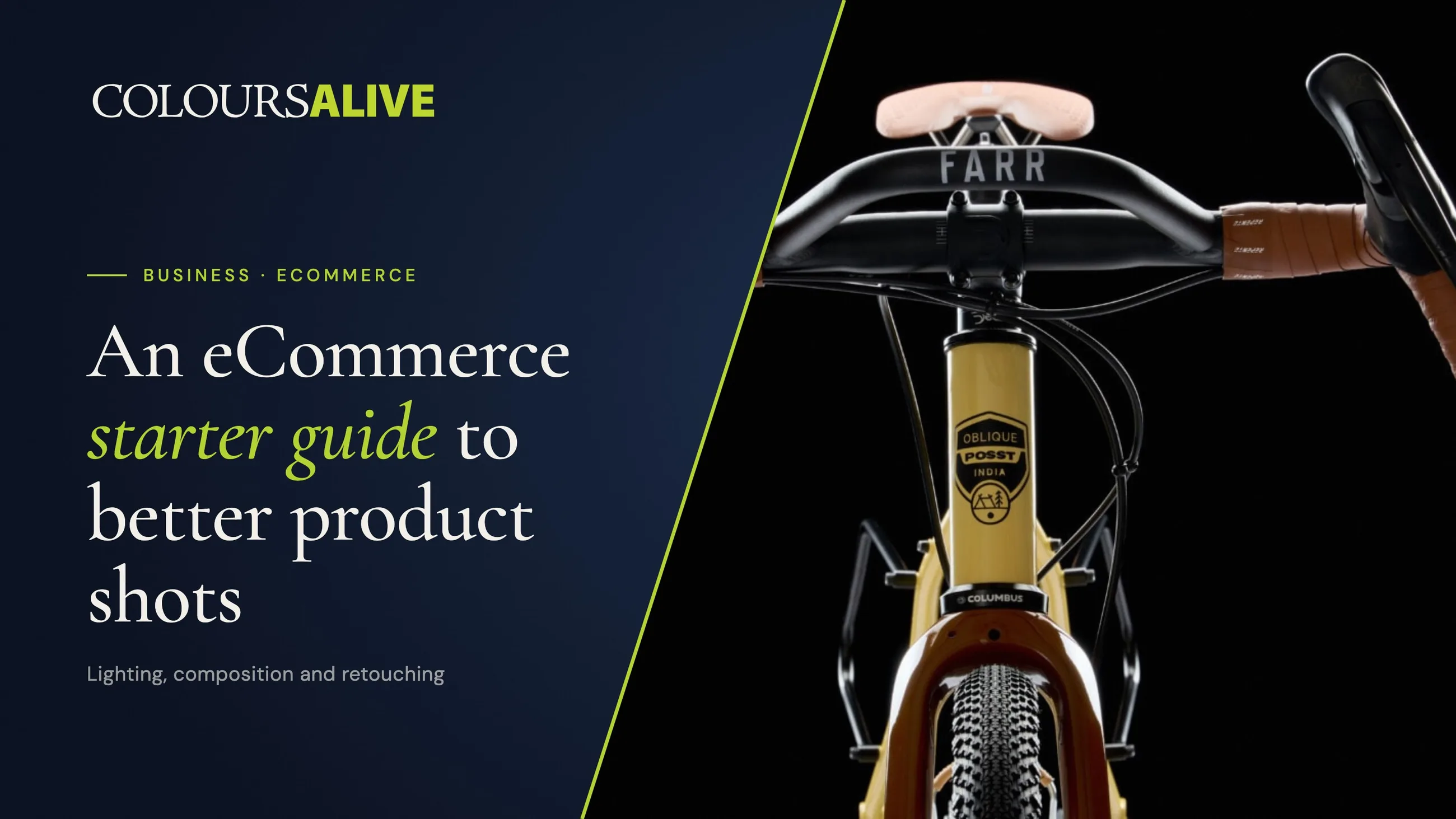 An eCommerce starter guide to better product shots, beside a studio photograph of the handlebar and head tube of a POSST Oblique bicycle on black
