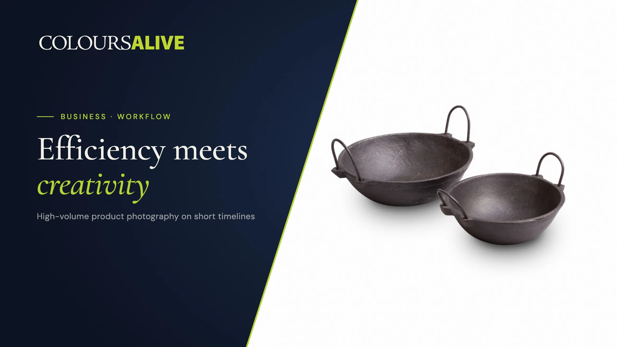 Efficiency meets creativity, beside a studio photograph of two sizes of The Indus Valley cast iron kadai on white