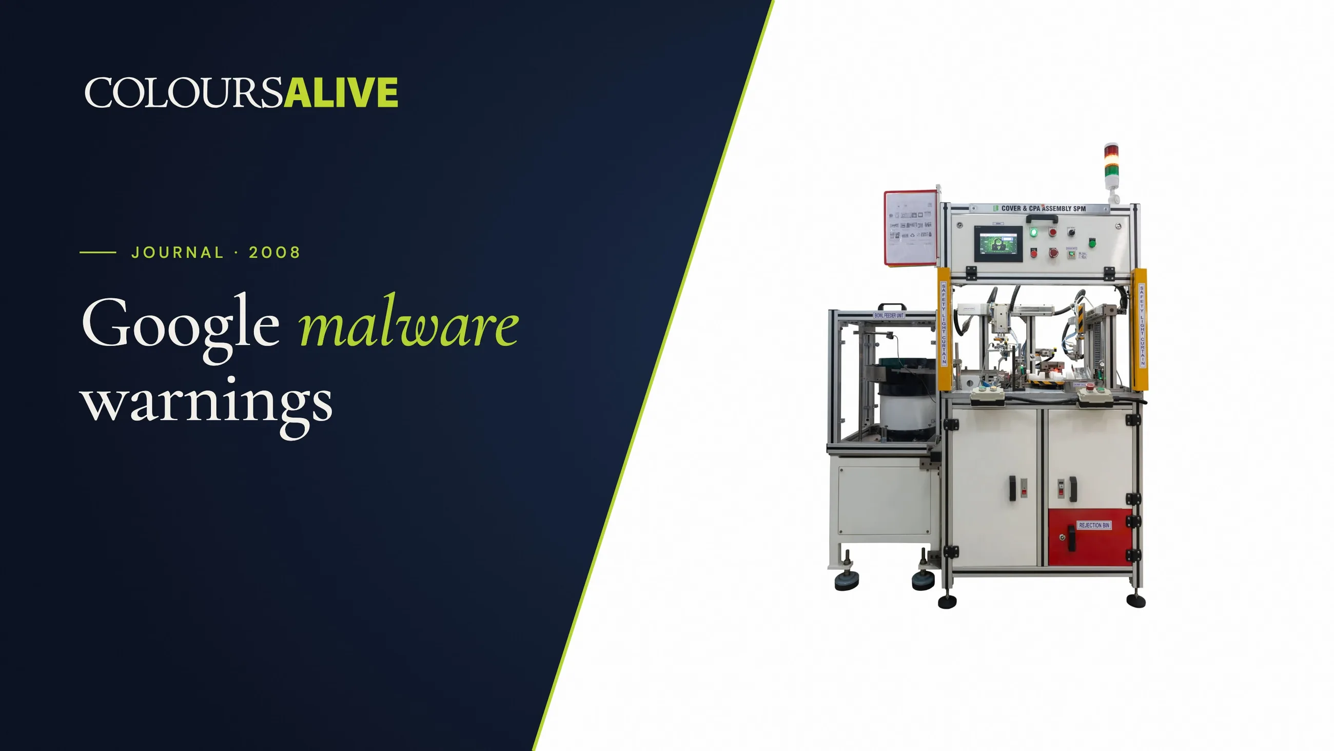 Google malware warnings, beside a studio photograph of a Besmak automated assembly machine on white