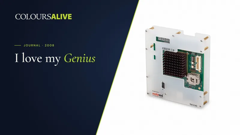I love my Genius, beside a studio photograph of a circuit board with a heatsink, on white