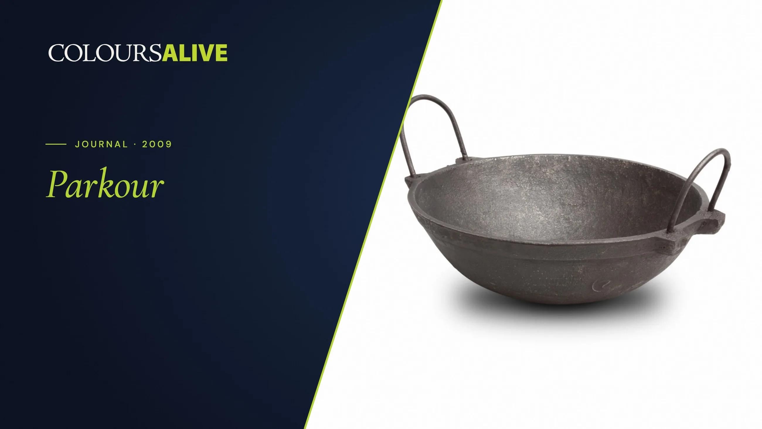 Parkour, beside a studio photograph of a cast iron kadai on white