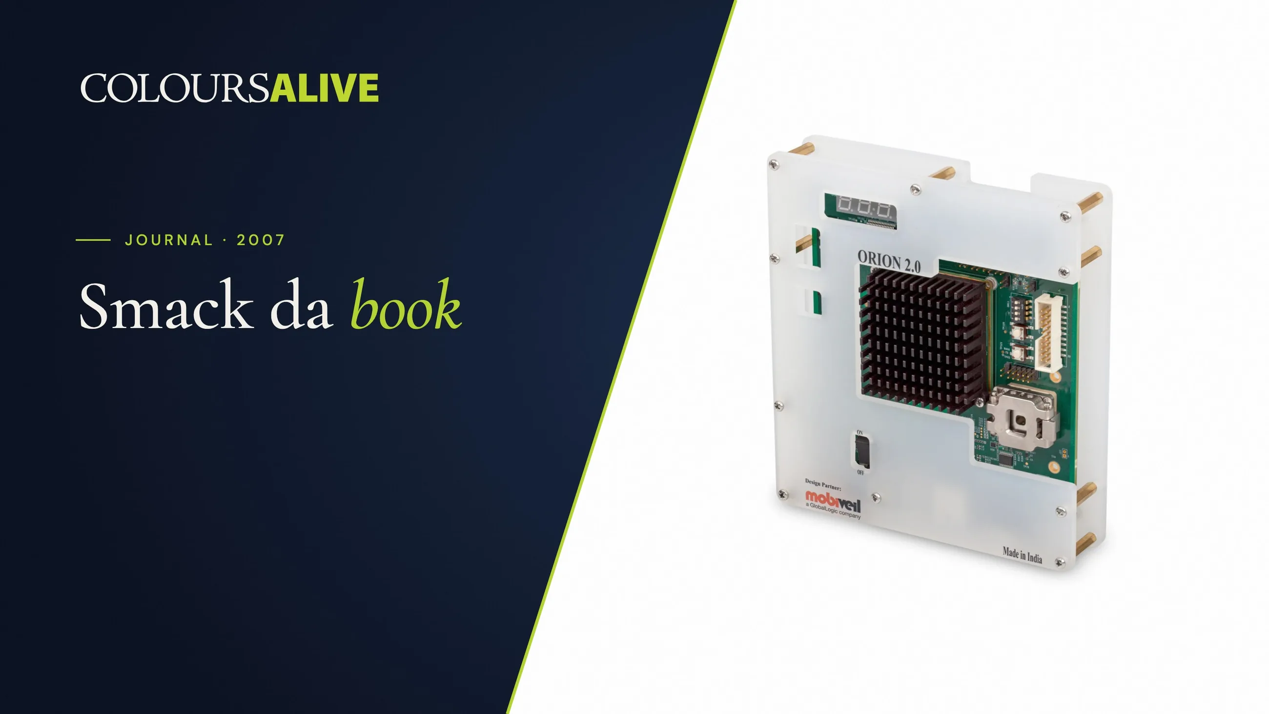 Smack da book, beside a studio photograph of a circuit board with a heatsink, on white