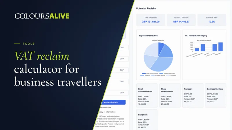 VAT reclaim calculator for business travellers, beside a screenshot of the calculator's results: expense distribution and VAT reclaim by category