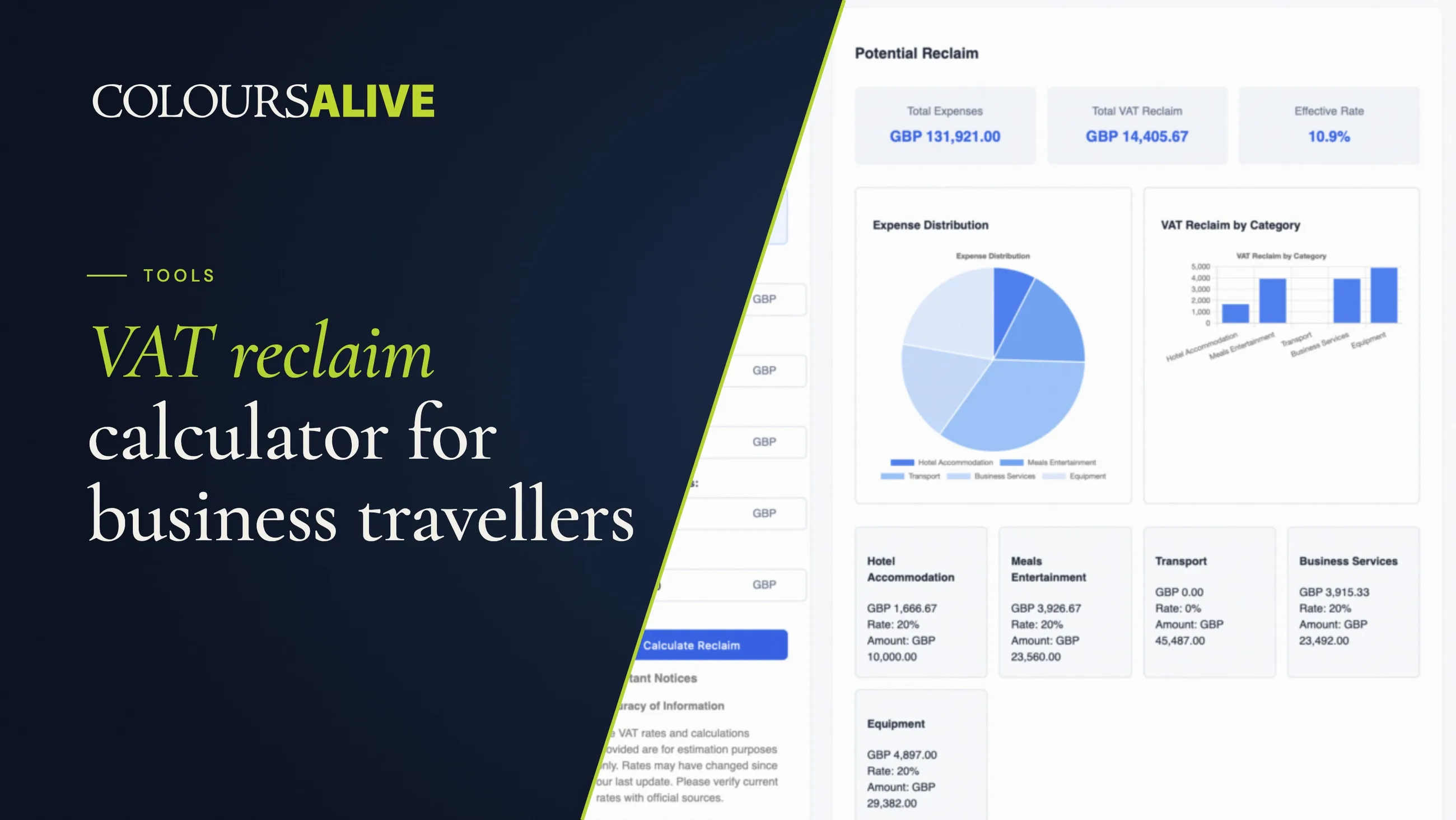 VAT reclaim calculator for business travellers, beside a screenshot of the calculator's results: expense distribution and VAT reclaim by category
