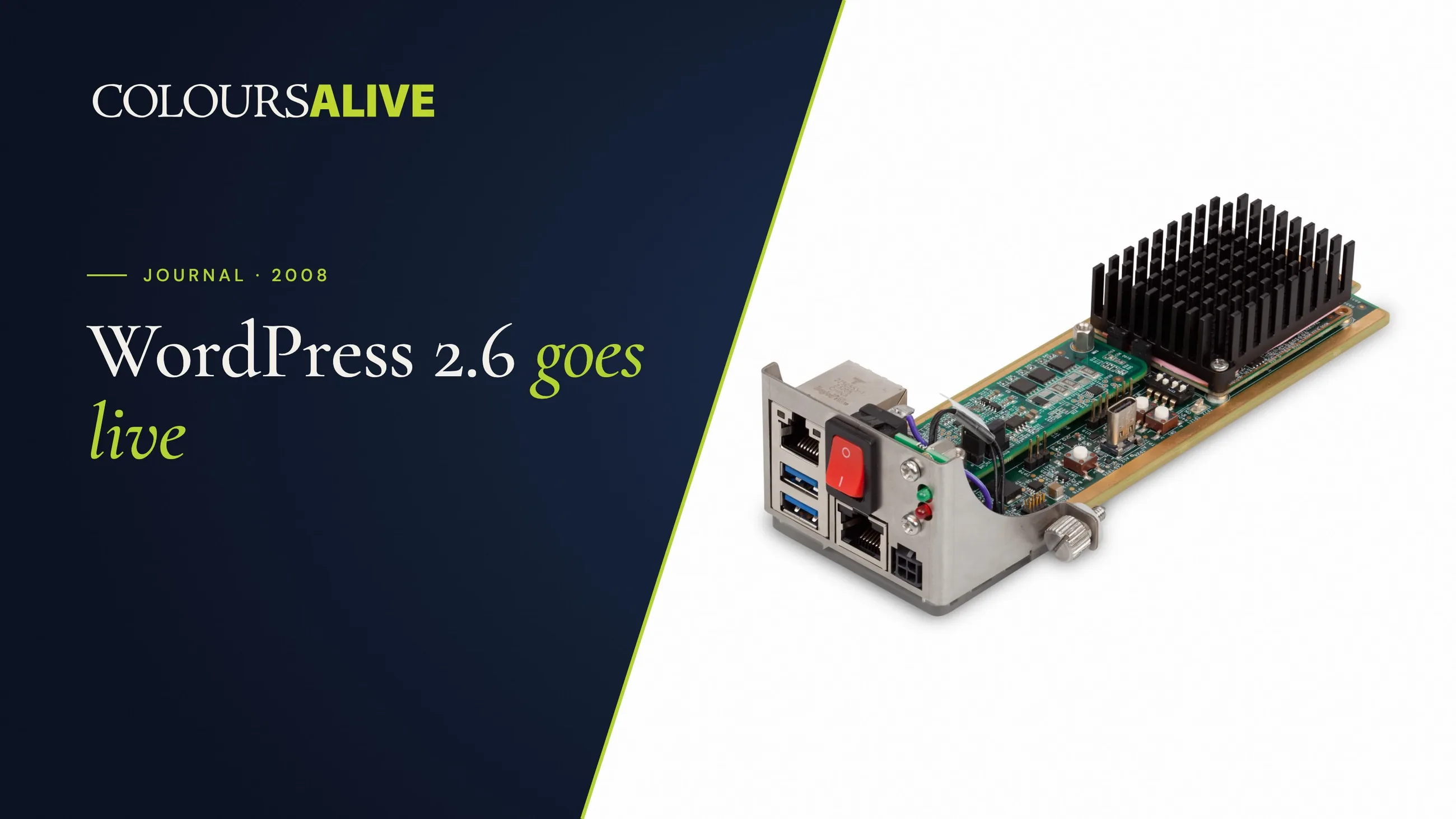 WordPress 2.6 goes live, beside a studio photograph of a circuit board's connector ports, on white